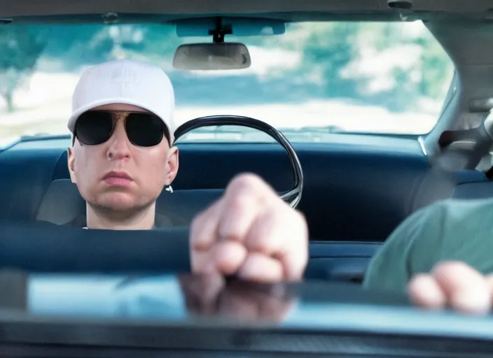 Image similar to a very high resolution image from a new movie, eminem driving a car. inside of a car. alone. mountains, directed by wes anderson