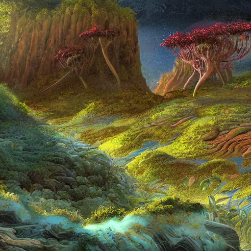 Image similar to digital painting of a lush wet natural scene on an alien planet by gerald brom. digital render. detailed. beautiful landscape. colourful weird vegetation. cliffs.