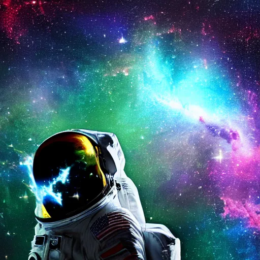Prompt: side profile of an astronaut without his visor up, floating in space, close up, in a nebula, digital art