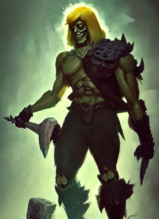 Image similar to male cosplayer wearing costume that is a mix of skelletor and he man. art by greg rutkowski, art by pascal blanche. crisp quality. digital photography. trending in deviantart.