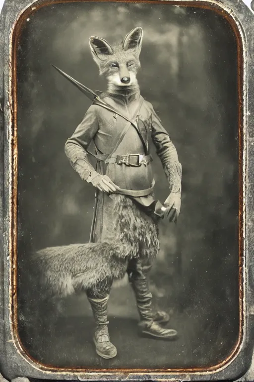 Image similar to a wet plate photo of an anthropomorphic fox dressed as robin hood