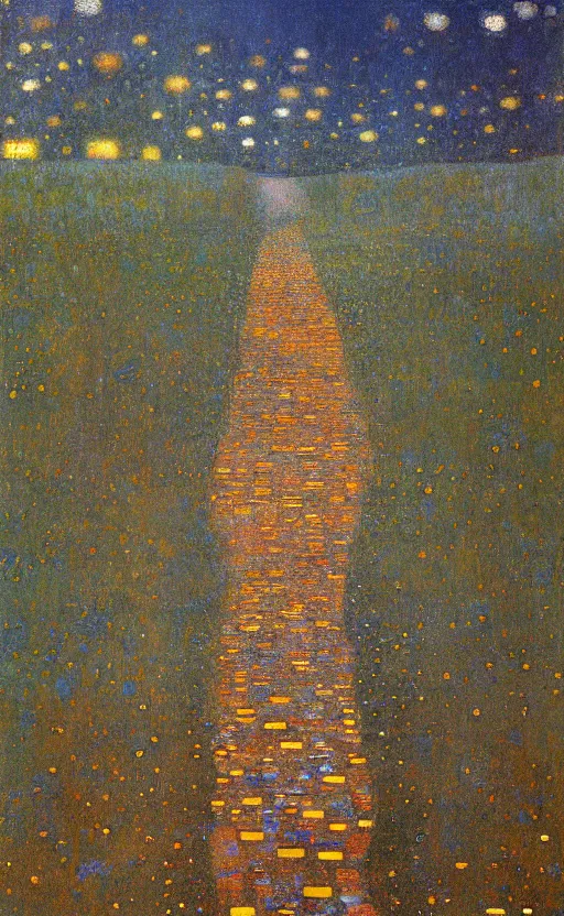 Prompt: paperback book cover by klimt. pure colors, melting clouds, accurately drawn details, a sunburst above a receding road with the light reflected in furrows and ruts, after rain. photorealistic. cinematic. trending on artstation. textless.