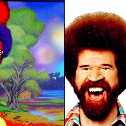 Prompt: bob ross screaming in mouth of bob ross screaming on a bad acid trip