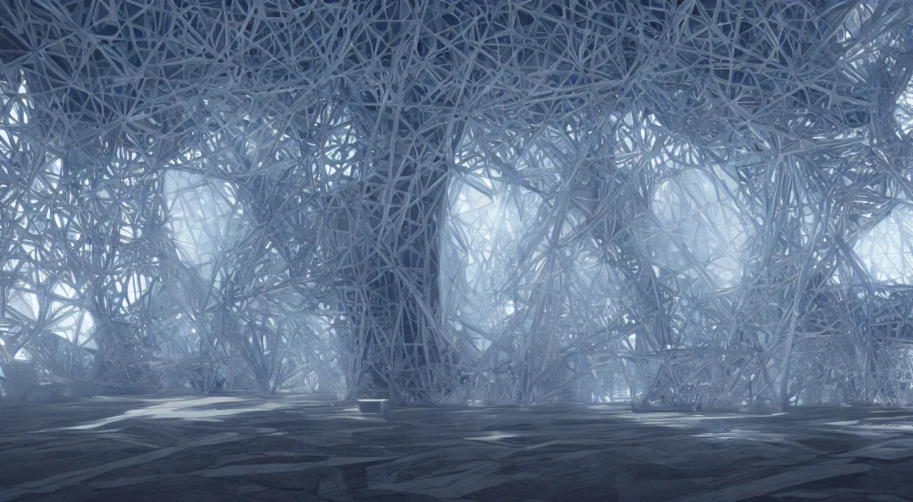 Prompt: biological crystallographic lattice bridging megastructure cathedral, by glenn small, by albert bierstadt, photorealistic, zaha hadid, god rays, volumetric lighting, detailed, extremely intricate, raytrace, octane, light fog, neon