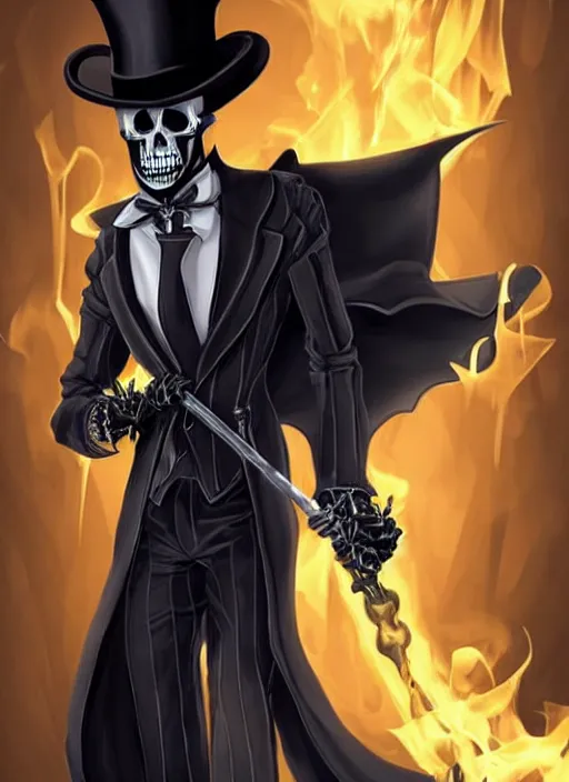 Image similar to DND character art, skeletal male figure, wearing a deep black suit!!! and tie and top hat, holding a gold! cane!. blue!!! flames!!