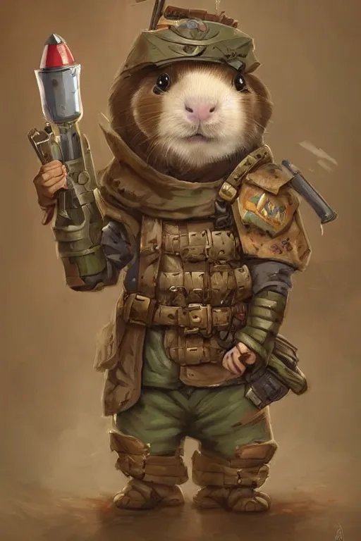 Prompt: cute little anthropomorphic Guinea Pig Soldier wielding a rocket launcher, tiny, small, short, pixelated army camouflage, cute and adorable, pretty, beautiful, DnD character art portrait, matte fantasy painting, DeviantArt Artstation, by Jason Felix by Steve Argyle by Tyler Jacobson by Peter Mohrbacher, cinematic lighting