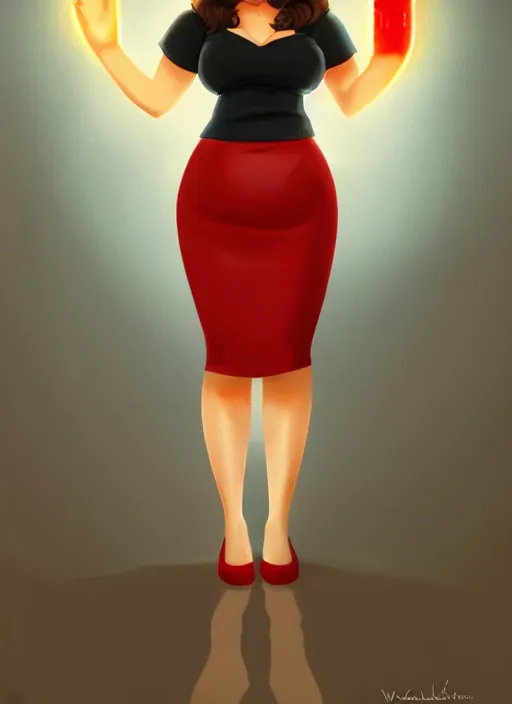 Image similar to full body portrait of teenage veronica lodge, obese, bangs, sultry, realistic, sultry smirk, wavy hair, red skirt, fat, belly, intricate, elegant, glowing lights, highly detailed, digital painting, artstation, concept art, smooth, sharp focus, illustration, art by wlop, mars ravelo and greg rutkowski