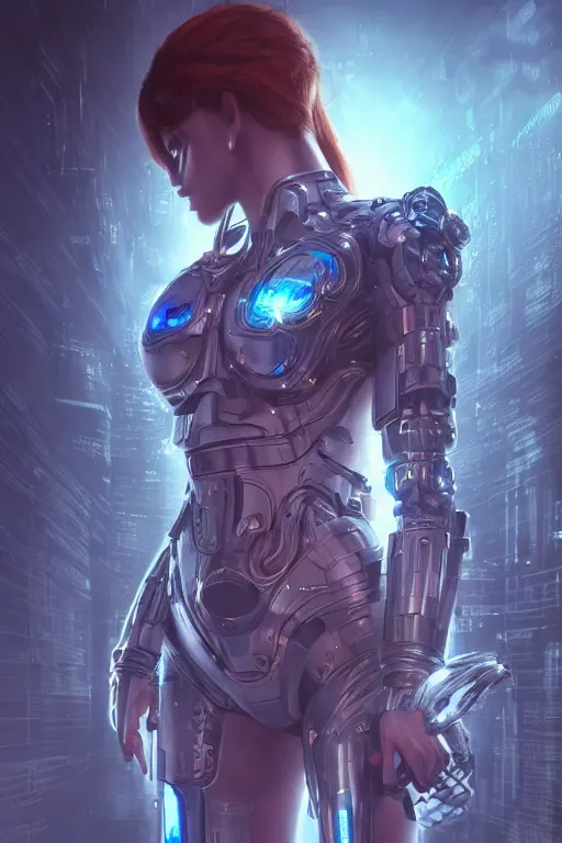Prompt: ultra realist and ultra intricate detailed soft painting of a beautiful sci-fi armored female, thin lustrous long auburn hair shaved on one side, symmetry features, glowing blue eyes, sensual gloomy style, volumetric clouds, cyberpunk background, artstation, unreal render, depth of field