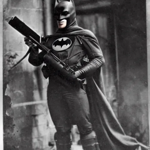 Image similar to old wartime photograph of batman holding a lewis gun, 1 9 1 7