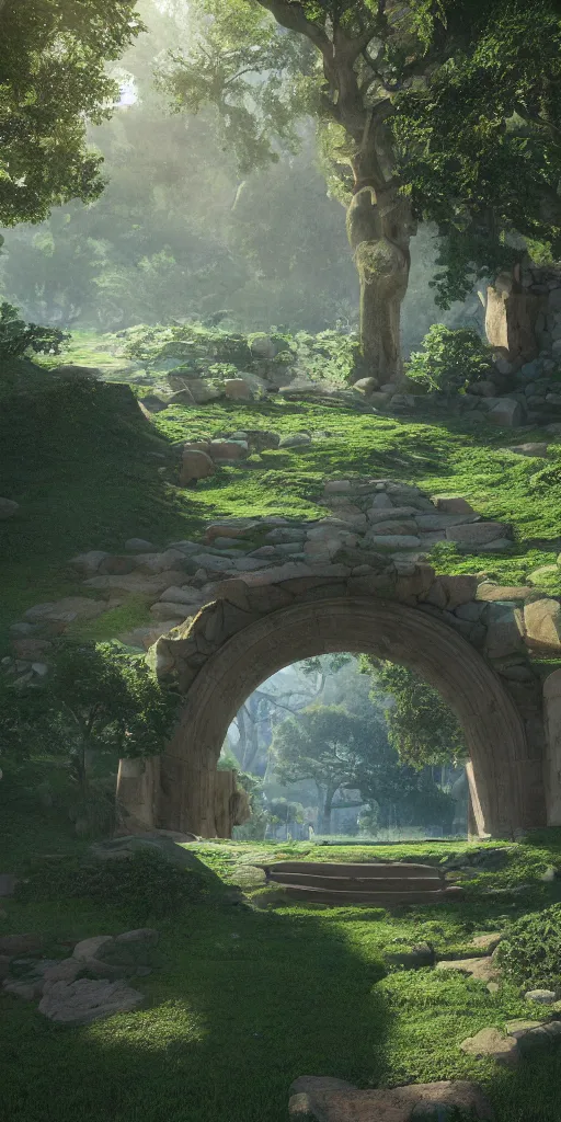 Prompt: the city of santa barbara, large ornated stone portal, beautiful composition, nature, green trees, high angle, rays of light, light dust, octane render, unreal engine, photography, 8 k