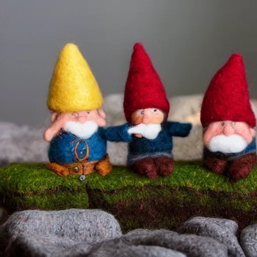 Image similar to a photography of little gnomes made out of wool on a stopmotion landscape made out of wool and yarn