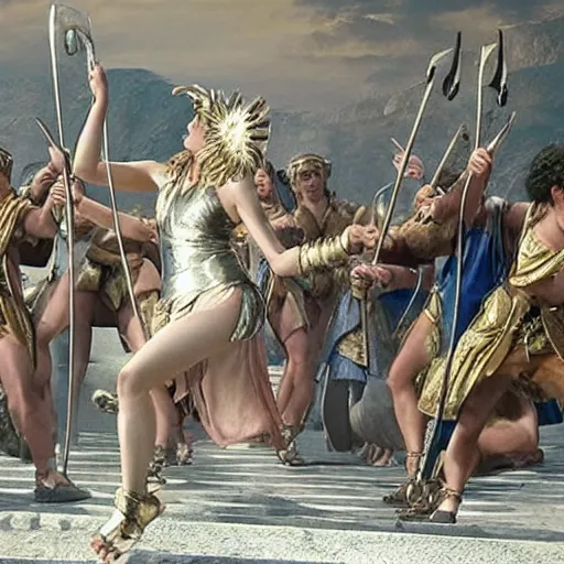 Image similar to the greek goddess athena in battle, scene from live action movie