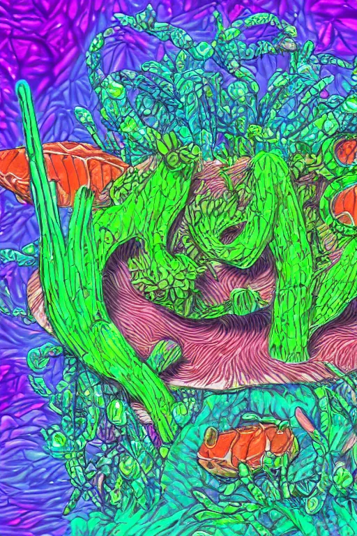 Image similar to creature sushi roots cactus elemental flush of force nature micro world fluo light deepdream illumination ray tracing hdr fanart arstation by sung choi and eric pfeiffer and gabriel garza and casper konefal