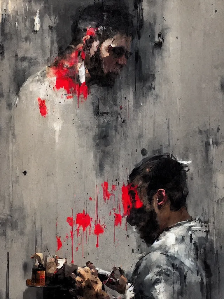 Image similar to a beautiful picture by joram roukes of a man looking at his phone in a bathroom, color bleeding, brushstrokes by jeremy mann, head skull