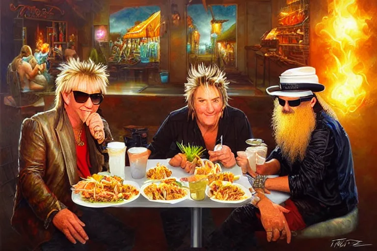 Image similar to rod stewart eating tacos with zz top, an oil painting by ross tran and thomas kincade