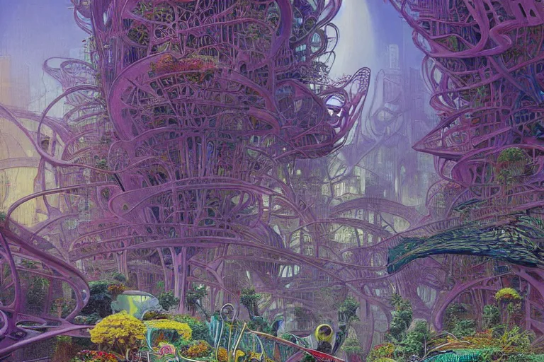 Image similar to oil painting, super - detailed scene of utopian floating zaha hadid city, cyberpunk garden, solarpunk, bioluminescent cyber - garden, japanese sci - fi books art, artwork by jean giraud and zdzislaw beksinski and alphonse mucha and hr giger, hd, 4 k, high quality