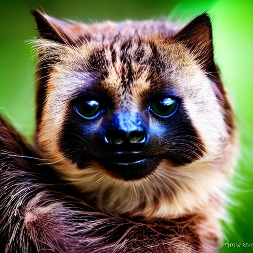 Prompt: a feline cat - sloth - hybrid with a beak, animal photography, wildlife photo, award winning