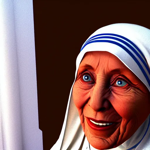 Image similar to pov mother theresa pointing a submachine at the camera, 3d model, hyperrealistic, dynamic shadows, dynamic lighting