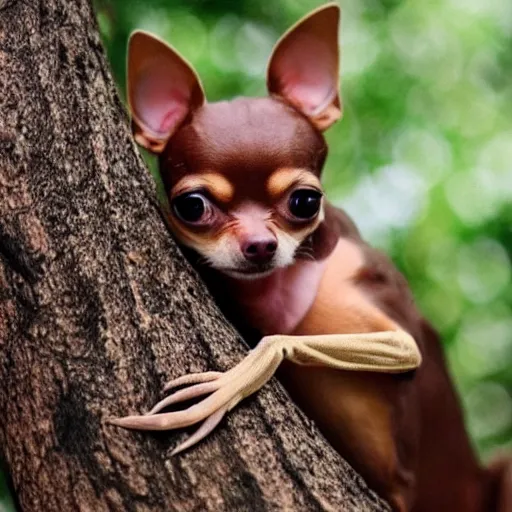 Image similar to “ a brown chihuahua dog that looks like a scorpion, in a tree, photo, realistic ”