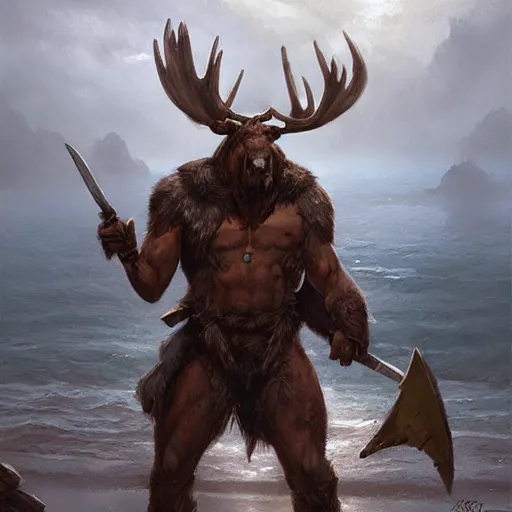 Prompt: anthropomorphic moose barbarian humanoid by greg rutkowski, ship, sea, fantasy
