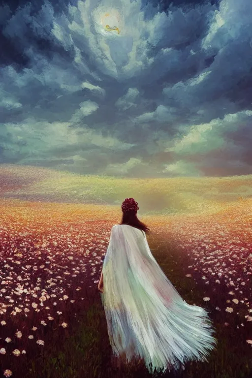 Image similar to giant white daisy flower veil, girl walking in a flower field, surreal photography, sunrise, dramatic light, impressionist painting, colorful clouds, digital painting, artstation, simon stalenhag