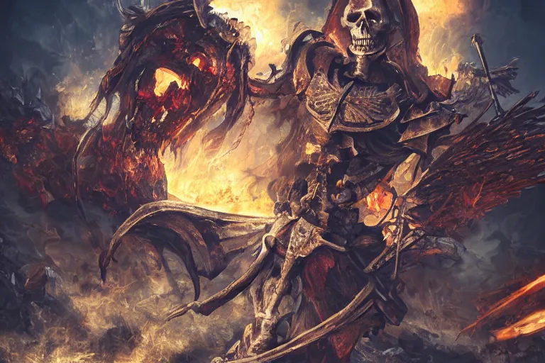 Image similar to skeleton knights spontaneously combusting, digital painting, mixed media, trending on artstation and deviantart, epic composition, centered, sharp focus, magnum opus, highly detailed, 8 k