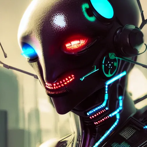 Image similar to cyberpunk cyborg insect alien face portrait, detailed face, sharp focus, synthwave art, aesthetic, octane render, raw, cinematic