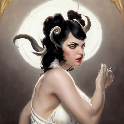 Prompt: An Attractive woman with Black hair wearing a white dress with curved demon horns lustfully looking into the camera, detailed, centered, digital painting, artstation, concept art, donato giancola, Joseph Christian Leyendecker, WLOP, Boris Vallejo, Breathtaking, 8k resolution, extremely detailed, beautiful, establishing shot, artistic, hyperrealistic, beautiful face, octane render, cinematic lighting, dramatic lighting, masterpiece