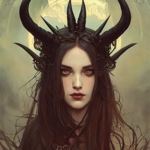 Image similar to a beautiful illustration of a satanic witch with horns in head, intricate, sharp focus, illustration, highly detailed, digital painting, concept art, matte, art by wlop and artgerm and greg rutkowski and alphonse mucha, masterpiece