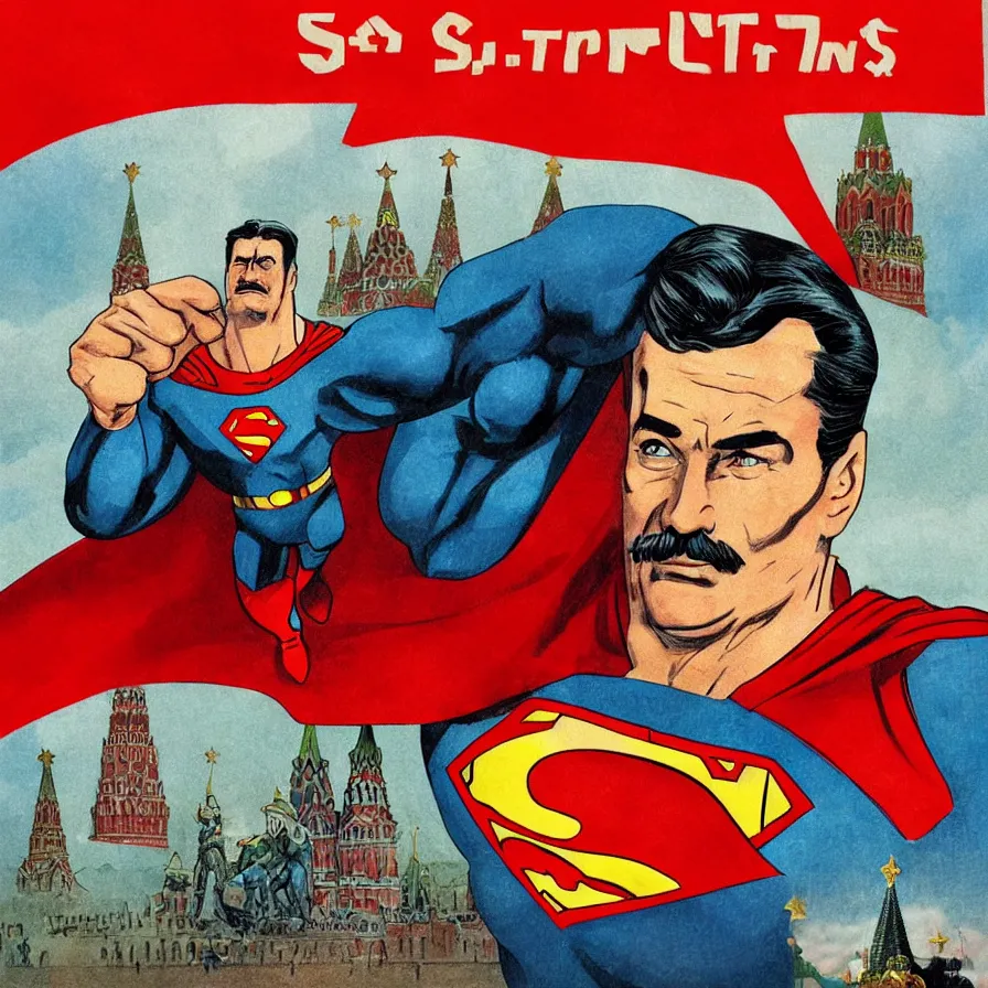 Prompt: epic comic book cover of stalin as superman floating over the red square ( moscow ), soviet propaganda poster, socialist realism, aesthetically pleasing, finely detailed facial features, photorealistic, intricate digital art, trending artstation, artgem, rich moody colors, fan art, concept art, in the style of the red son and invincible