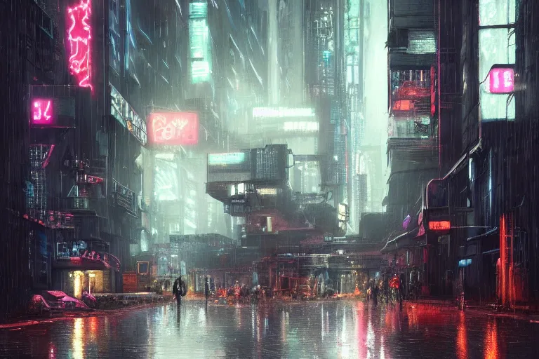 Prompt: a brutalist cyberpunk city street at night, raily season, very wet, neon lights and adds, architecture, a realistic digital painting by greg rutkowski and james gurney, trending on artstation, very highly detailed, 8 k