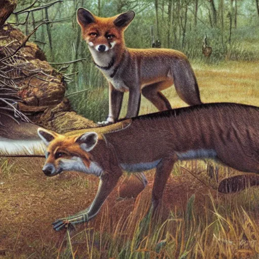 Image similar to a hyperrealistic color photograph of a tasmanian tiger standing next to a fox