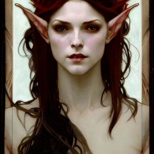 Image similar to Portrait of a pretty half-elf half-vampire young woman. Her hair has black strands and white strands. Red irises and vertical pupils. Art by Greg Rutkowski and Alphonse Mucha