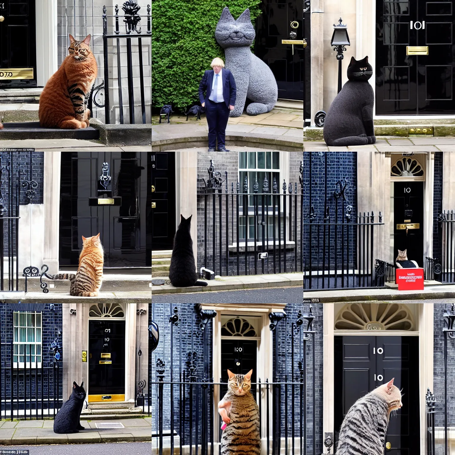 Prompt: giant larry the cat in front of 1 0 downing street giving a press conference, tiny reporters and boris johnson