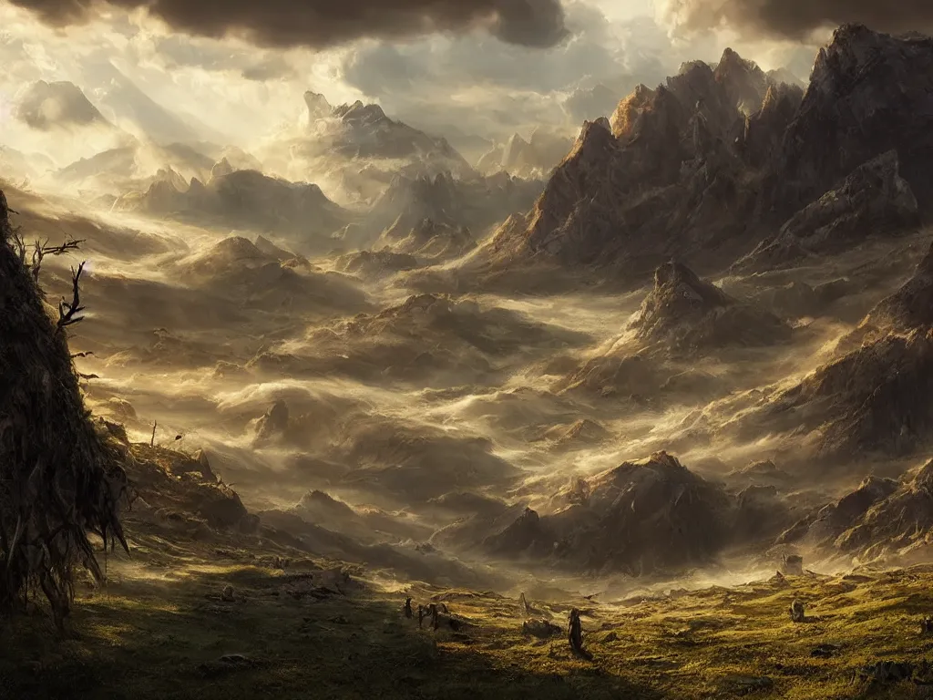 Prompt: a cinematic landscape view looking at an open field, cyberpunk wildlife, mountains in the distance with a river running down, the sun shines through the parted clouds, digital painting, fantasy, art by alexandre mahboubi and christophe oliver