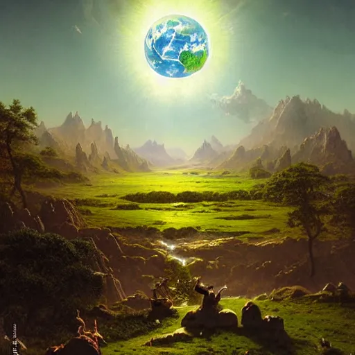 Prompt: beautiful matte painting of the earth, by albert bierstadt, green grass, highly detailed, crystal lighting, mystical, hyperrealistic, 4 k, unreal engine, magical, by joe fenton, by greg rutkowski, by greg tocchini, by kaws, by kate beaton, by kaethe butcher