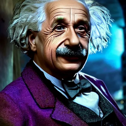 Image similar to albert einstein as willy wonka in gears of war, splash art, movie still, detailed face, photorealistic facial features, cinematic lighting, dramatic, octane render, long lens, shallow depth of field, bokeh, anamorphic lens flare, 8 k, hyper detailed, 3 5 mm film grain