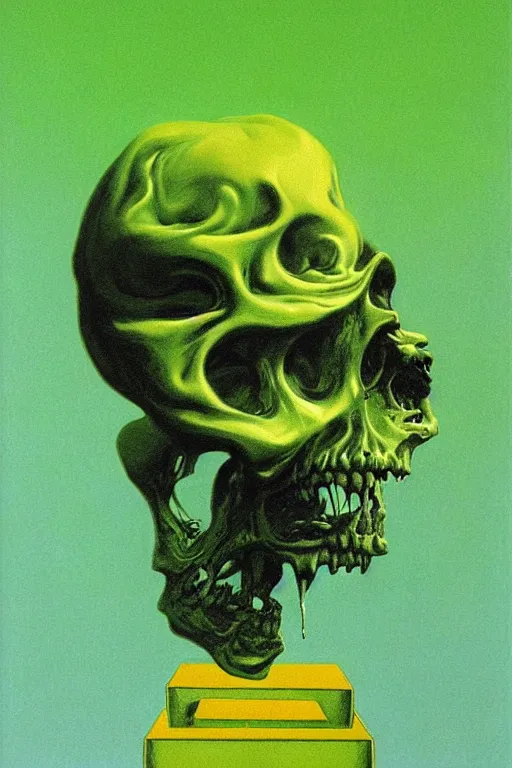 Prompt: horrific neon green skull floating over golden cubes by zdzisław beksinski