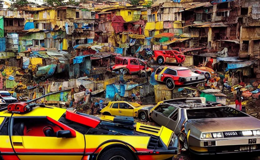 Prompt: a red and yellow delorean in ajegunle slums of lagos - nigeria, magazine collage, masterpiece,