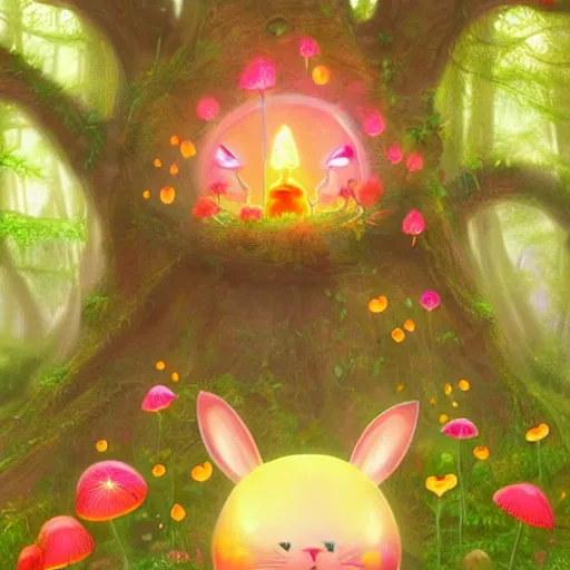 Image similar to a glowing luminous bunny surrounded by luminous pink orange yellow flowers and mushrooms in an enchanted forest trending on artstation hdr instagram photo fantasy art