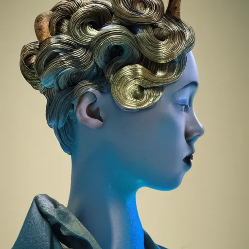 Prompt: flume_and_former_cover_art_future_bass_girl_unwrapped_statue_bust_curls_of_hair _petite_lush _body_photography_fungi gills hair growing metallic shrooms bruises blue grey on brown gold out_model_futuristic_material_simple_backgroundg vibrant