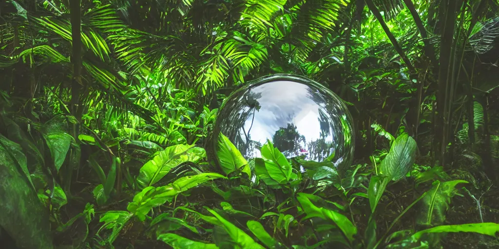 Prompt: photo of a chrome blob deep in tropical jungle, sharp wide shot