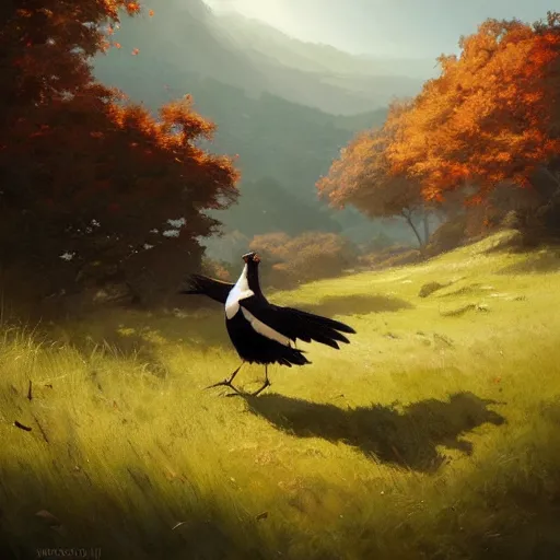 Image similar to spanish magpie in avila, green fields, fall season, 4 k, concept art, by wlop, ilya kuvshinov, artgerm, krenz cushart, greg rutkowski, pixiv. cinematic dramatic atmosphere, sharp focus, volumetric lighting, cinematic lighting, studio quality