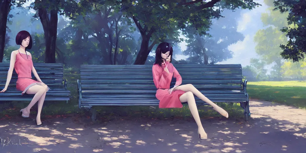 Image similar to A ultradetailed beautiful panting of a stylish woman siting on a park bench, Oil painting, by Ilya Kuvshinov, Greg Rutkowski and Makoto Shinkai