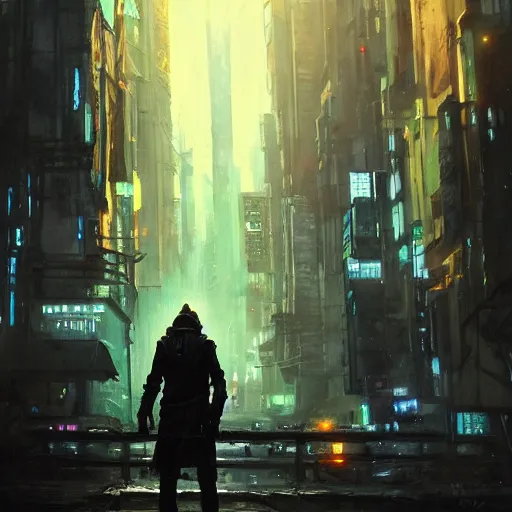 Prompt: a wanderer in a cyberpunk city, dramatic lighting, city background, night, chiaroscuro, high detail, painted by greg rutkowski, painted by igor kieryluk, painted by raymond swanland, trending on artstation