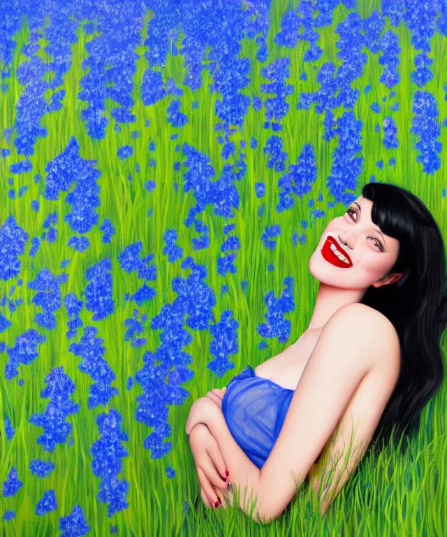 Prompt: happy girl with black hair, red lips, lying in a field of blue flowers, highly detailed, matte painting, academic drawing