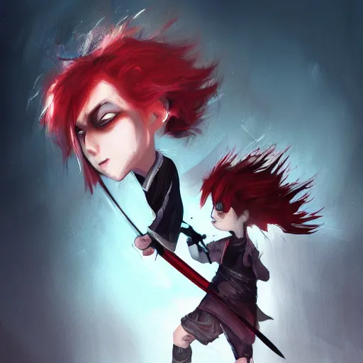 Image similar to a concept art of a boy and a girl with red hair holding a katana, gothic clothes, action shot, highly detailed, digital painting, artstation, concept art, smooth, sharp focus, illustration