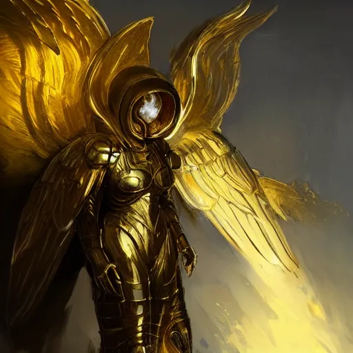 Prompt: golden armored angel, wings made of energy, metal halo, no face, hooded, gold, fantasy, concept art, ultra realistic, character art by greg rutkowski