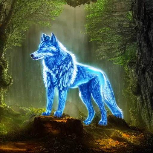 Image similar to humanoid wolf in an enchanted forest with a blue hue and blue fireflie and a waterfall in the distance that magically glows blue, insanely detailed