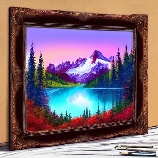 Prompt: ! dream lake in the alps at sunset painted by bob ross